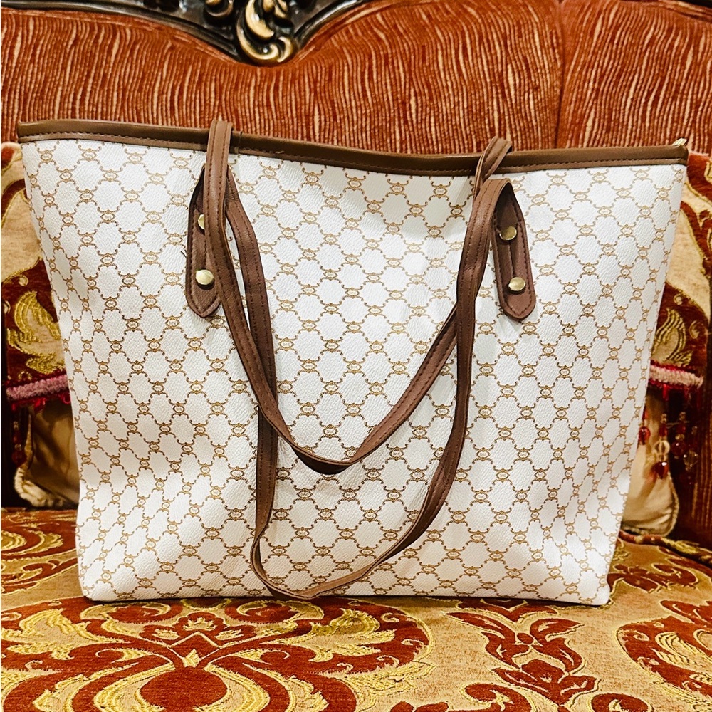 Elegant White and Brown Tote Bag